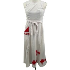 Vtg Catherine Carr Fishing Theme Wrap Maxi Dress‎ White Sailboat Fish Appliqué S